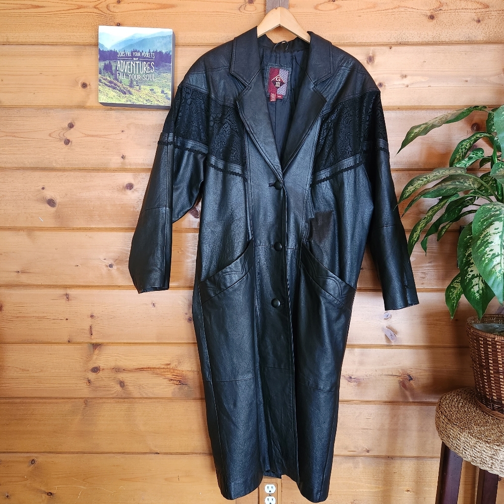 G III 💜 Vintage Black Leather Long Trench Coat Jacquard Damask Duster Western M